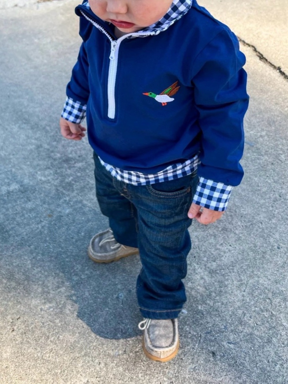 Boutique Navy Kids Quarter-Zip Pullover with Gingham Trim and Duck Motif